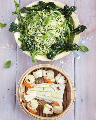 Pesto spaghetti met gestoomde vis & citroen (2- 4 personen)